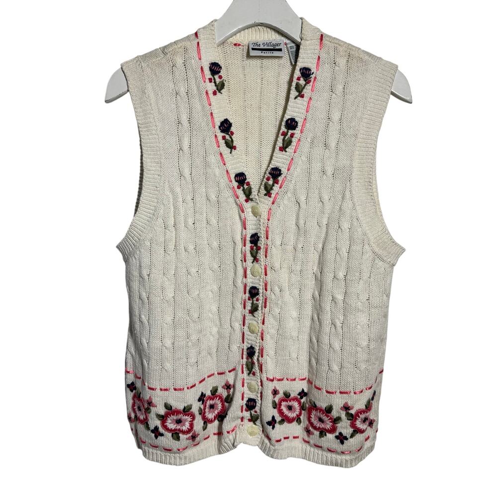 The Villager Vintage Cottagecore Button Up Vest Sweater Women LP Cream Floral